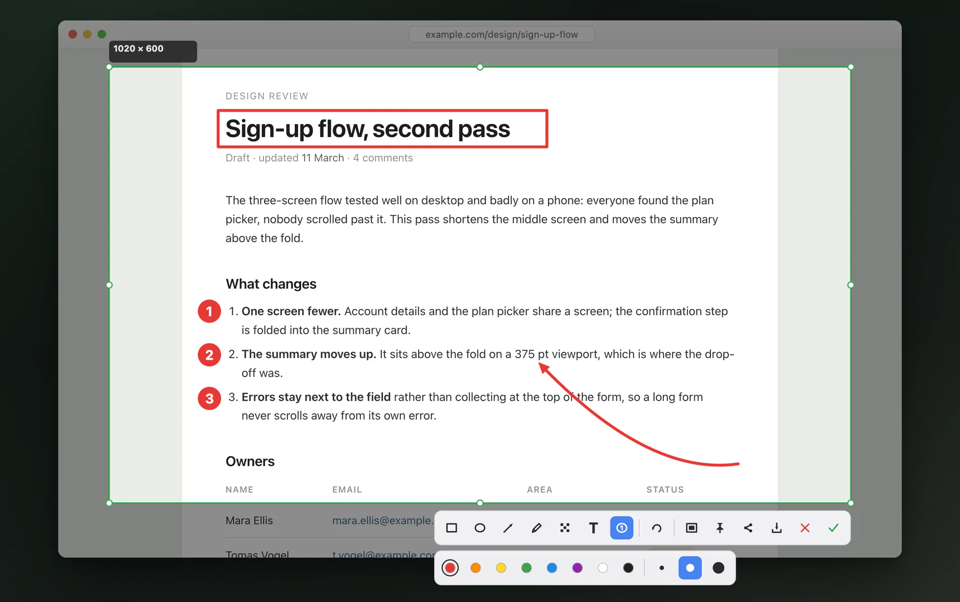 LiteCap marking up a document: numbered markers, an arrow and the toolbar